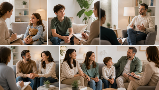 Imagem ilustrativa de atendimento psicológico mostrando sessões com criança, adolescente, adulto, casal e família em ambiente acolhedor de consultório.