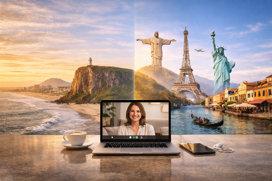 Imagem conceitual mostrando atendimento psicológico presencial em Torres-RS e on-line para outras cidades do Brasil e exterior, com paisagem de Torres de um lado, cenários internacionais ao fundo e notebook ao centro simbolizando consulta virtual.